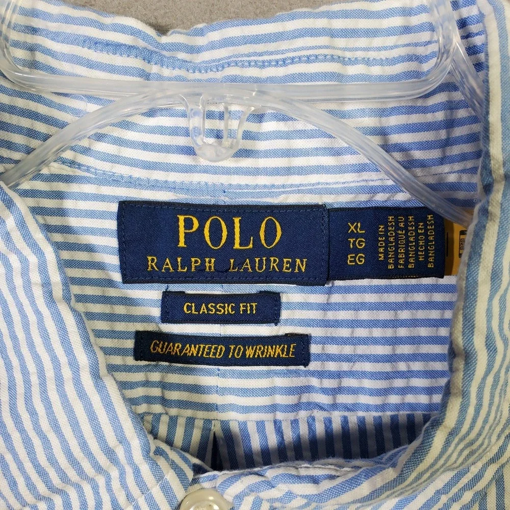 Polo Ralph Lauren Shirt Mens XL Blue White Pinstripe Short Sleeve Preppy Classic